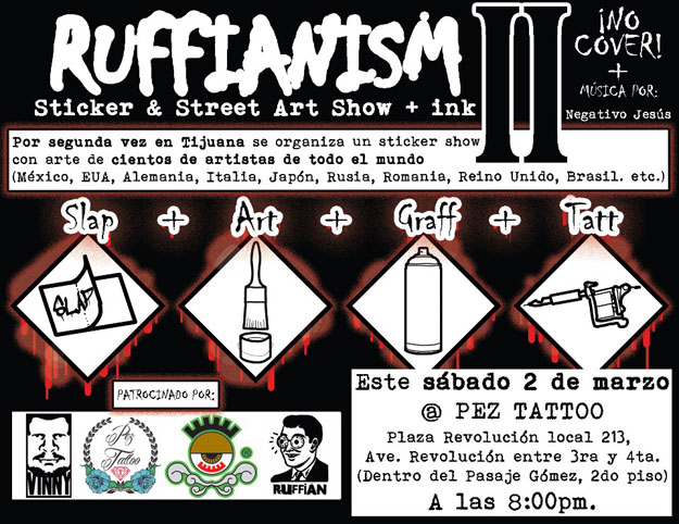 an art show flyer celebrating street art stickers and sticker artists