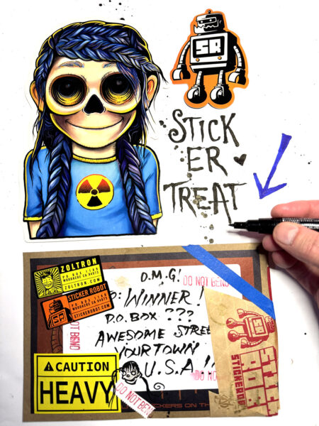 zoltron-stickertreat zoltron and stickerobot silkscreen stickers with sue nami
